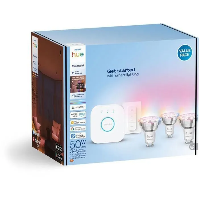 Philips Hue Kit de démarrage Bridge Blanc et Couleur - 1 Bridge + 3 Spots LED GU10 Intelligents + Commutateur Variateur Philips Hue Kit de démarrage Bridge Blanc et Couleur - 1 Bridge + 3 Spots LED GU10 Intelligents + Commutateur Variateur