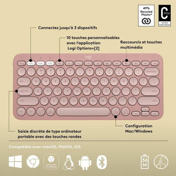 Clavier Bluetooth avec Support pour Tablette Logitech K380 Français Rose AZERTY 1