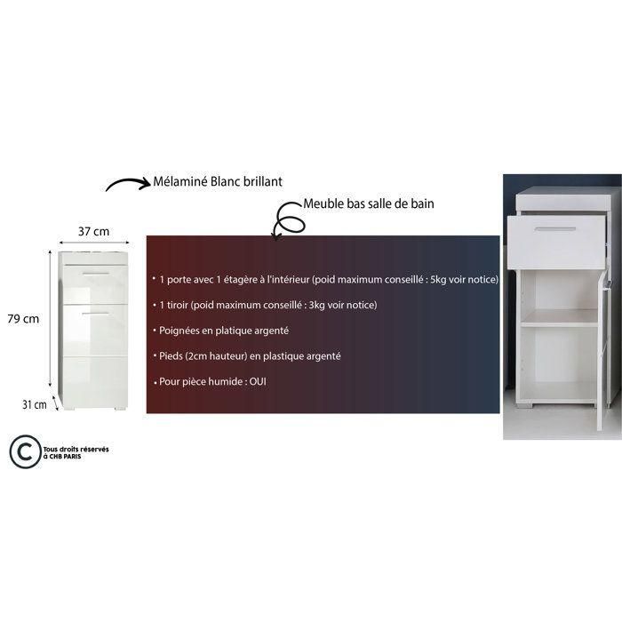 Meuble de salle de bain Rangement bas - 1 porte & 1 tiroir - Blanc - L 37 x P 31 x H 79 cm - AMANDA 3