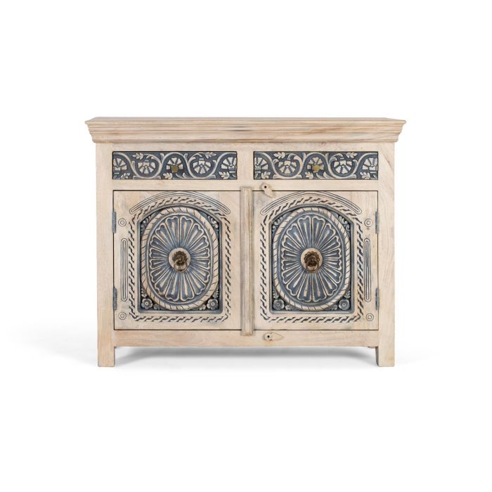 GINER Y COLOMER - Buffet en bois de manguier sculpté artisanalement, 2 tiroirs et 2 portes, finition blanc lavé et bleu profond - Dimensions : 105x31x? cm 0 GINER Y COLOMER - Buffet en bois de manguier sculpté artisanalement, 2 tiroirs et 2 portes, finition blanc lavé et bleu profond - Dimensions : 105x31x? cm 0