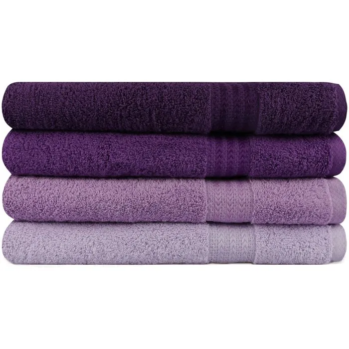 Ensemble de 4 serviettes de bain en coton 100 % - 70 x 140 cm - Violet Ensemble de 4 serviettes de bain en coton 100 % - 70 x 140 cm - Violet