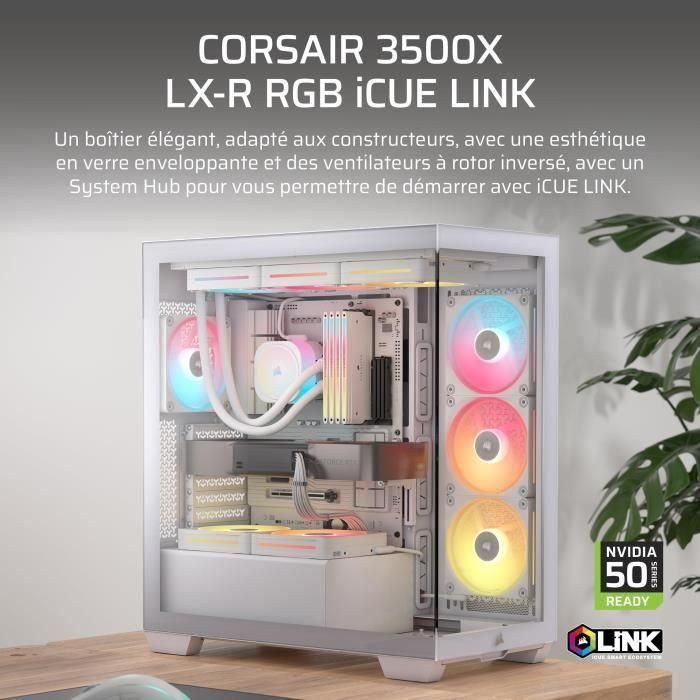 Boitier PC - CORSAIR - 3500X LXR LINK Tempered Glass Mid-Tower - 3 ventilateurs RGB a rotor inversé - Blanc 1 Boitier PC - CORSAIR - 3500X LXR LINK Tempered Glass Mid-Tower - 3 ventilateurs RGB a rotor inversé - Blanc 1