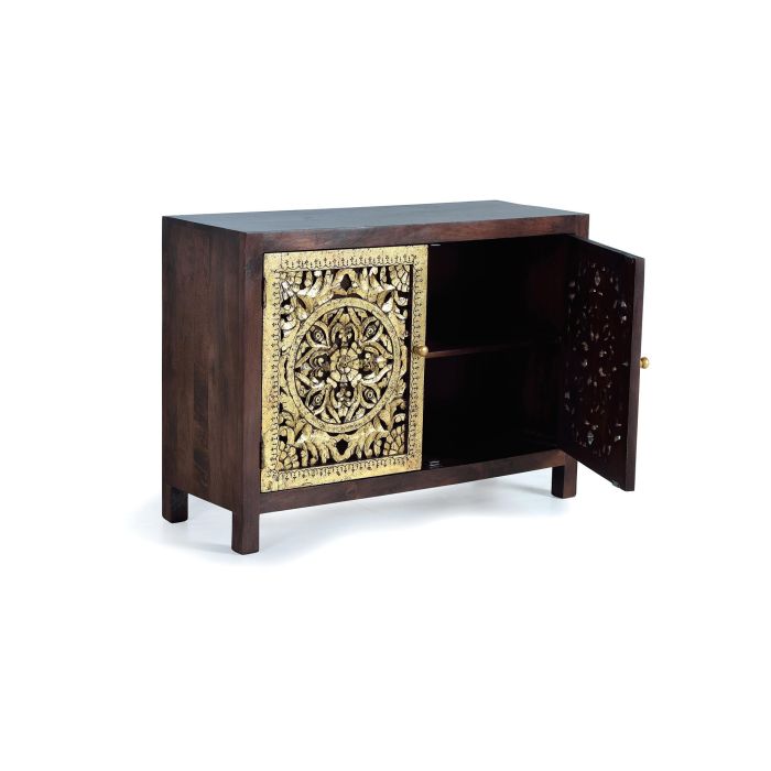 GINER Y COLOMER Commode en bois de manguier massif couleur noyer avec détails en bronze doré, meuble artisanal à finition unique 2