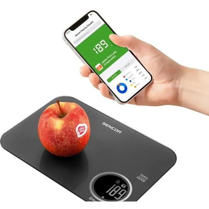 Sencor SKS 7078BK Balance de Cuisine Numérique - Capacité 5 kg Précision 1 g, Écran LCD, Connectée App FOOD