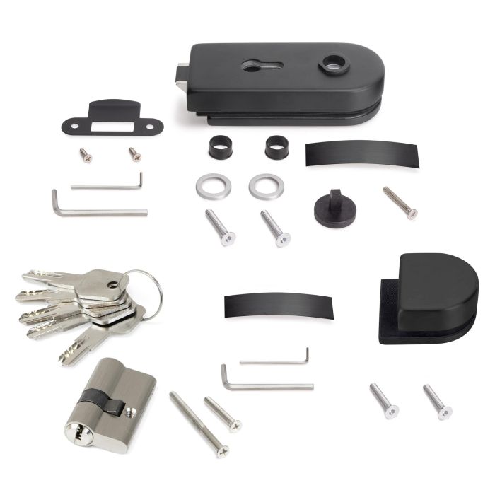 Emuca Kit de serrure et de gâche pour portes en verre doubles, loquet horizontal pour porte en verre 8-12mm, acier et aluminium, peint en noir 0 Emuca Kit de serrure et de gâche pour portes en verre doubles, loquet horizontal pour porte en verre 8-12mm, acier et aluminium, peint en noir 0