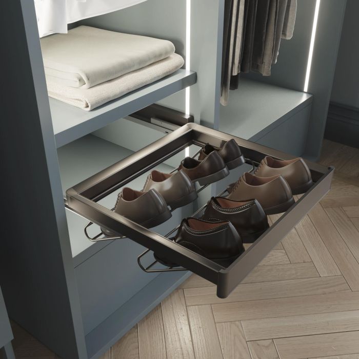 Emuca Kit tiroir à chaussures et rack ajustable Quartz pour armoires, glissières extension totale et à fermeture douce, Module 60cm, Finition Titane 1