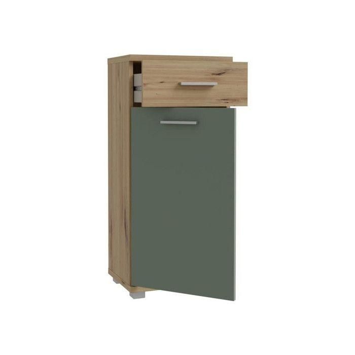 Meuble bas de salle de bain - Décor chene et vert sauge - L40,2 x P28,9 x H87,6 cm - CHAMP 4