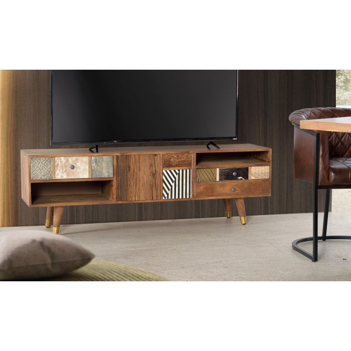 GINER Y COLOMER Meuble TV 160x50x40 cm en bois de mamelonnier couleur noyer clair avec 3 tiroirs et 2 portes, finitions bronze et cuir - 35 kg 6