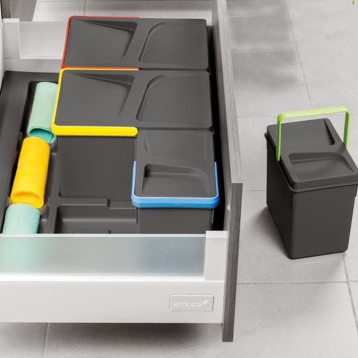 Emuca Kit poubelle de tri sélectif pour tiroir de cuisine avec socle Recycle hauteur 216mm, 2x12litres, 2x6litres, module 900mm, Plastique gris antracite 2