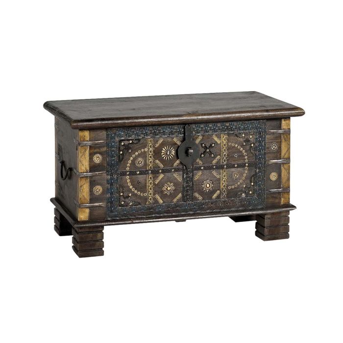 GINER Y COLOMER - Coffre de rangement en bois de manguier massif couleur marron foncé - Décor ancien avec détails en bronze et métal - Dimensions : 80 x 40 x 46 cm 1