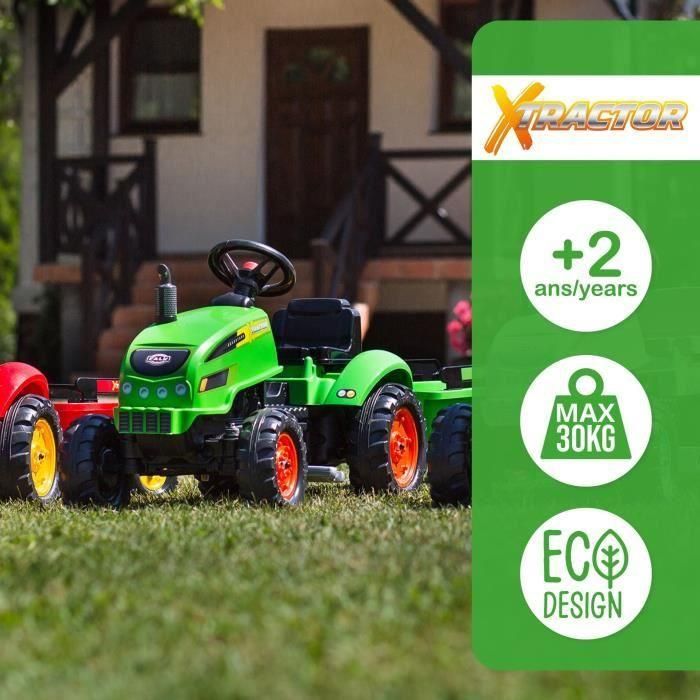 Tracteur a pédales X-Tractor - FALK - Capot ouvrant et Remorque - 100% Fabriqué en France - 50% de plastique recyclé - Des 2 ans 3