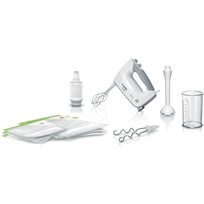Bosch MFQ364V0 ErgoMixx - Batteur Mélangeur 3-en-1 avec Système de Mise sous Vide, 450 W, 5 Vitesses + Turbo, Accessoires Inox, Blanc/Gris Bosch MFQ364V0 ErgoMixx - Batteur Mélangeur 3-en-1 avec Système de Mise sous Vide, 450 W, 5 Vitesses + Turbo, Accessoires Inox, Blanc/Gris