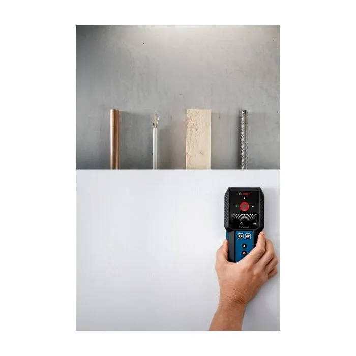 Bosch Professional Détecteur mural multifonction GMS 120-27 - Détection métal, câbles sous tension, ossature bois jusqu'à 120 mm - IP54 - Avec étui et piles