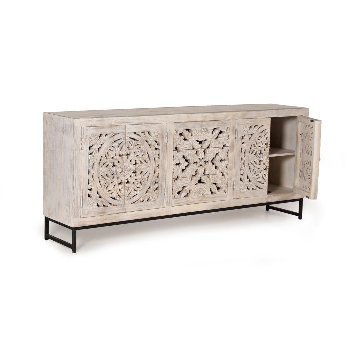 GINER Y COLOMER - Buffet en bois de manguier massif et métal avec 4 portes, 3 tiroirs, finition blanc vieilli - 80 x 190 x 38 cm 2 GINER Y COLOMER - Buffet en bois de manguier massif et métal avec 4 portes, 3 tiroirs, finition blanc vieilli - 80 x 190 x 38 cm 2