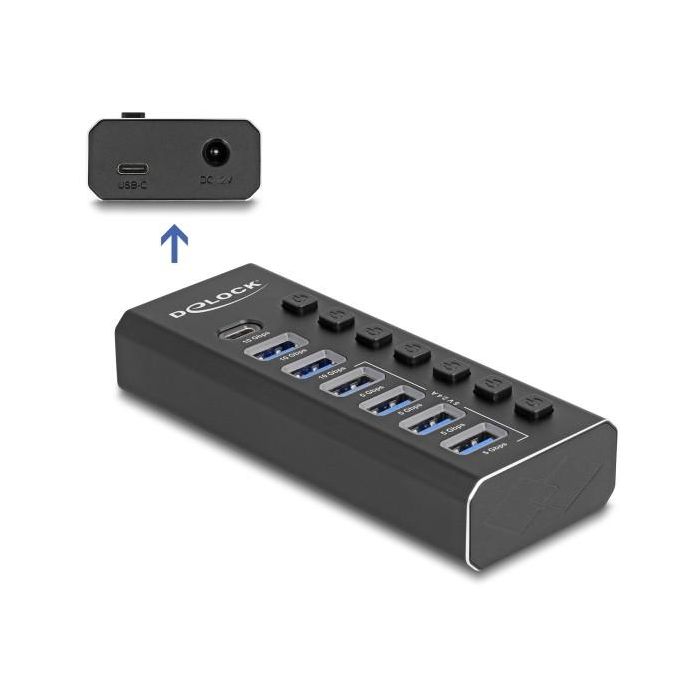 DELOCK 7 Port USB Hub mit 4 Ports 10 Gbps und 4 Schnellladeports 5 Gbps mit Schalter und Beleuchtung 1