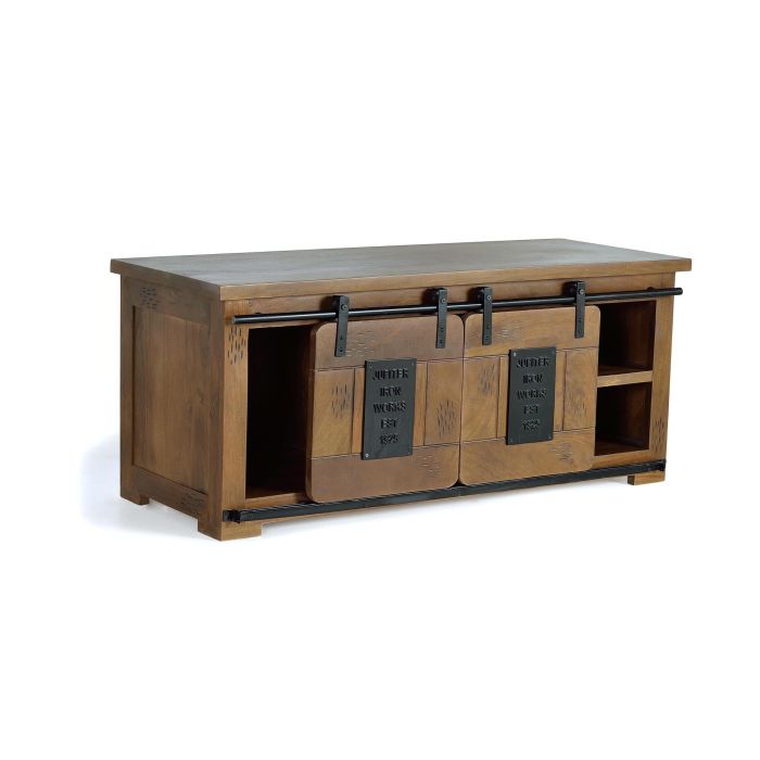 GINER Y COLOMER Meuble TV industriel en bois de manguier et métal avec 2 portes coulissantes et tiroir, 130 x 55 x 50 cm, couleur naturel 2
