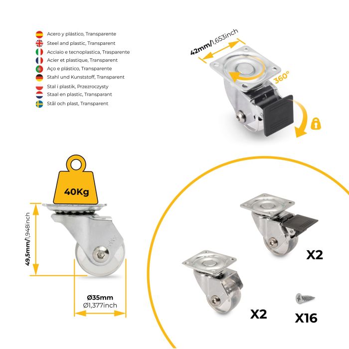 Emuca Lot de 4 roulettes transparentes Slip 3 avec plétine de montage, diamètre 35mm, Acier et Plastique 5