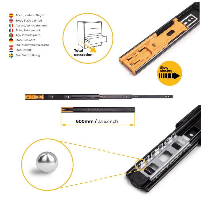Emuca Lot de 5 jeux de Coulisses pour tiroirs, roulement à billes, hauteur 45mm, profondeur 600mm, sortie totale, fermeture amortie, Noir 6
