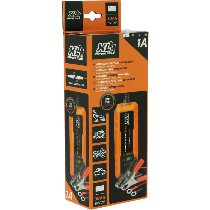 Xl Perform Tools XLPT - Chargeur de batterie 12V/6V, 1A 20W intelligent, câble 3m détachable avec pinces crocodile et cosses à œillet - Protection IP65