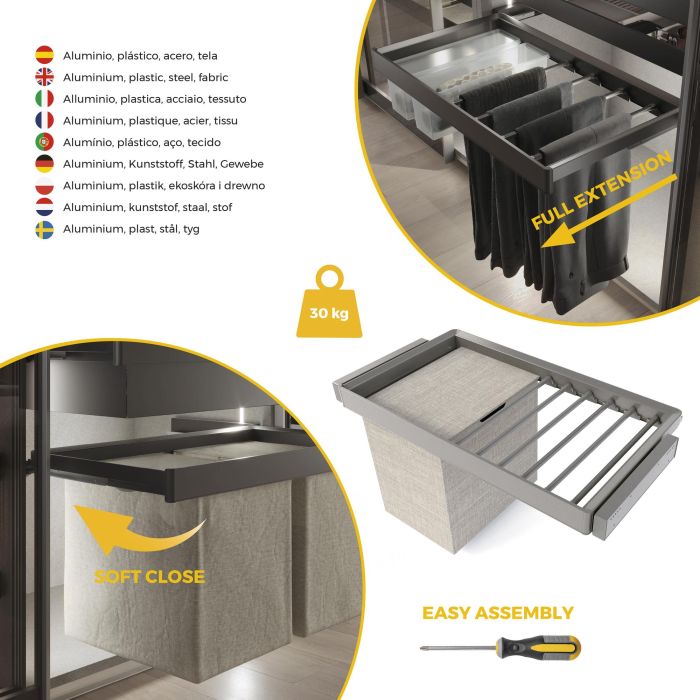 Emuca Kit de porte-pantalon à 7tringles, panier et rack ajustable Quartz pour armoires, glissières extension totale et à fermeture douce, Module 90cm, Finition Titane 6