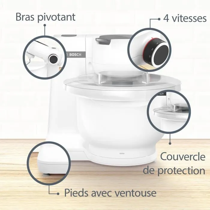 Bosch MUMS2AW21 Robot Pâtissier Serie 2 - 700 W - Bol 3.8 L - 4 Vitesses - avec 3 Disques et Hachoir à Viande - Blanc Bosch MUMS2AW21 Robot Pâtissier Serie 2 - 700 W - Bol 3.8 L - 4 Vitesses - avec 3 Disques et Hachoir à Viande - Blanc