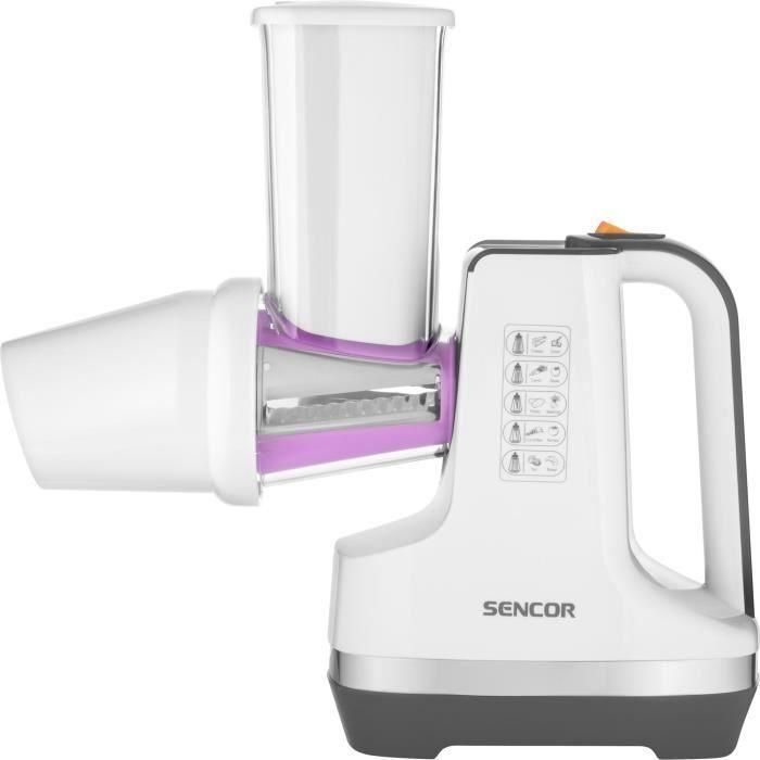 Sencor SSG 4500WH Robot de cuisine multifonction - Trancheuse et râpe électrique 150 W, 6 accessoires inclus (tube 57 mm), blanc
