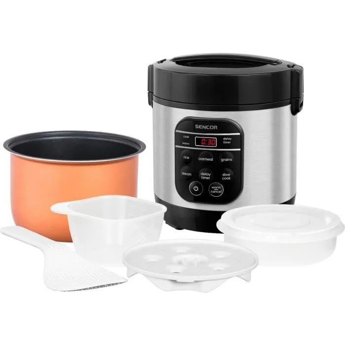 Sencor SRM 0650SS - Cuiseur à riz 0,6 litre avec 5 modes (riz, vapeur, mijotage), maintien au chaud 12h et cuve inox - Cuisson automatique