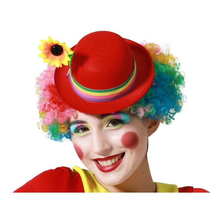 Chapeau de Clown Felt Rouge Femme Adulte pour Cirque - Décoré Ruban Rayures Arc-en-Ciel et Fleur Jaune - Idéal Costume Fête Carnaval