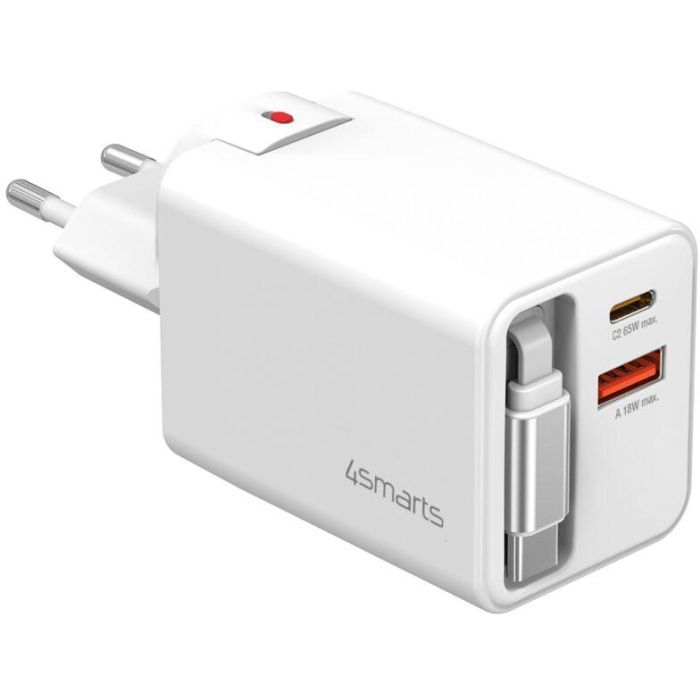 4smarts 541065 Chargeur Secteur GaN 65W, USB-C et USB-A avec Câble Rétractable 0.7m, Charge Rapide PPS et Quick Charge 3.0, Blanc