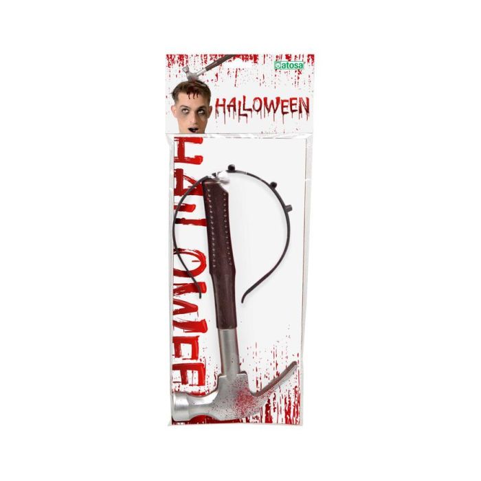 Diadema Martillo Clavado 35x20 - Diadème Halloween avec Marteau Enfoncé et Effet Sanguinolent pour Déguisement Zombie et Monstre