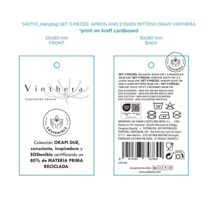 Set Delantal y 2 Manoplas Cocina Okapi Due Vinthera 60x75 cm-18x28 cm 3
