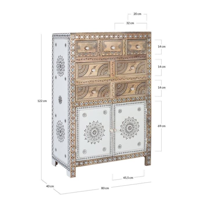 Buffet haut en bois de manguier et MDF avec 7 tiroirs et 2 portes, détails peints à la main, dimensions 45.5x69 cm (hors pattes), couleur naturelle et blanc 7 Buffet haut en bois de manguier et MDF avec 7 tiroirs et 2 portes, détails peints à la main, dimensions 45.5x69 cm (hors pattes), couleur naturelle et blanc 7