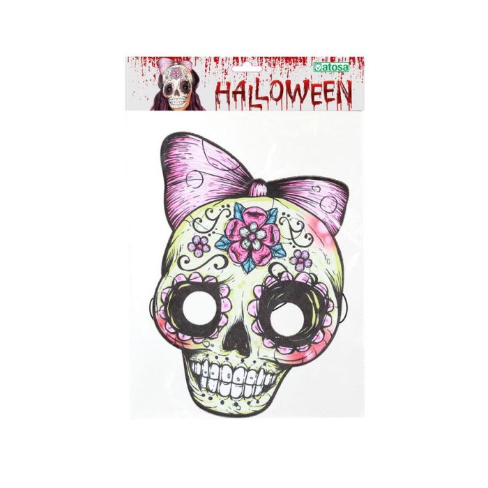 Máscara Calavera Blanche avec Ruban et Fleurs pour le Jour des Morts - Masque Décoratif pour Costume de Catrina Mexicaine