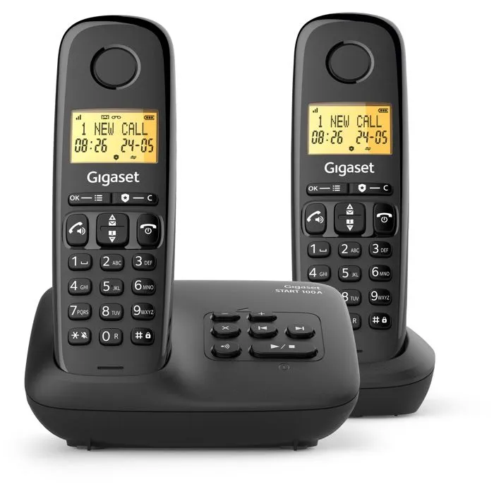 Gigaset Basic 100A DUO - Téléphone fixe avec répondeur intégré, écran rétroéclairé 1.5 pouces, répertoire de 50 contacts, blocage d'appels et mains libres - Noir Gigaset Basic 100A DUO - Téléphone fixe avec répondeur intégré, écran rétroéclairé 1.5 pouces, répertoire de 50 contacts, blocage d'appels et mains libres - Noir