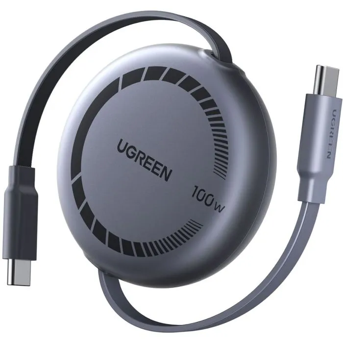 Câble UGREEN USB-C vers USB-C PD, rétractable, charge rapide 100W, transfert de données, 1 mètre, design noir moderne