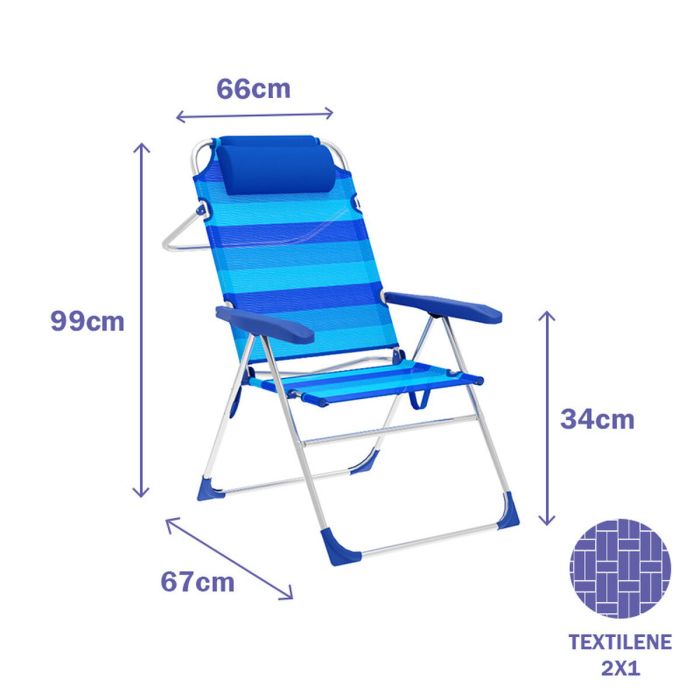 Marbueno Chaise Pliante 5 Positions Aluminium avec Coussin Rayures Bleues Plage et Piscine 67X66X99 cm 10246 1 Marbueno Chaise Pliante 5 Positions Aluminium avec Coussin Rayures Bleues Plage et Piscine 67X66X99 cm 10246 1