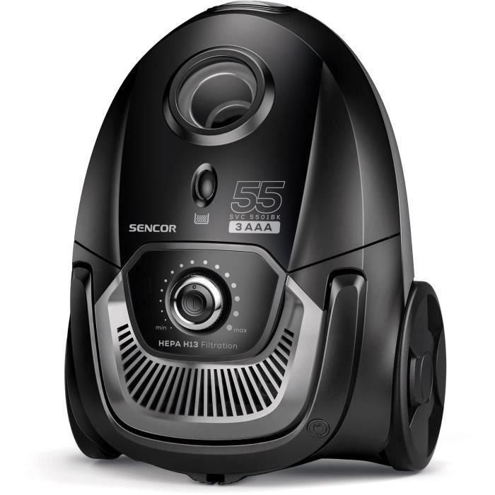 Sencor Aspirateur Traîneau avec Sac SVC 5501BK - Moteur ECO 700 W, Filtre HEPA H13, 75 dB(A), 2 L, Noir - Régulation Électronique, Enrouleur Automatique Sencor Aspirateur Traîneau avec Sac SVC 5501BK - Moteur ECO 700 W, Filtre HEPA H13, 75 dB(A), 2 L, Noir - Régulation Électronique, Enrouleur Automatique