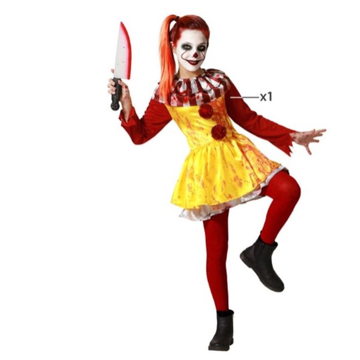 Déguisement de Clown Enfant Fille Jaune avec Robe et Pompons Rouges Taille 5-6 Ans pour Halloween et Fêtes