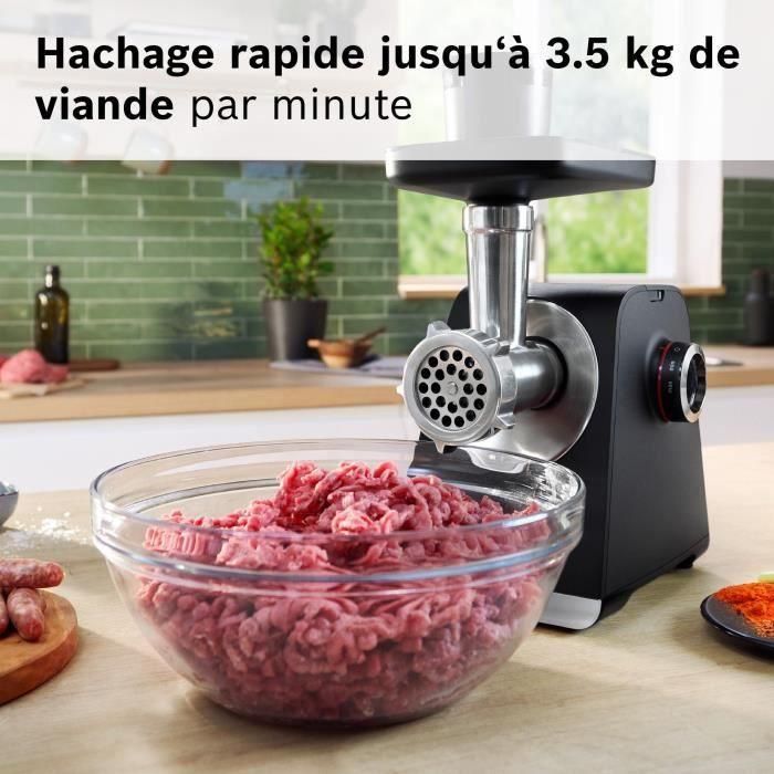 Bosch MFWS660B Hachoir à viande Série 6 - 500 W - Accessoires : 3 grilles, kit kébab, presse-agrumes, râpe et filière à saucisses Bosch MFWS660B Hachoir à viande Série 6 - 500 W - Accessoires : 3 grilles, kit kébab, presse-agrumes, râpe et filière à saucisses