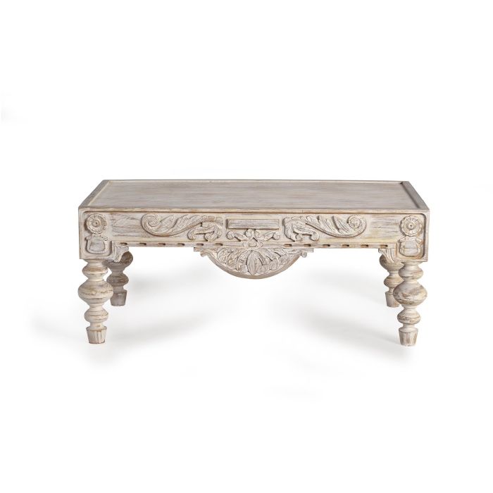 GINER Y COLOMER Table basse en bois de manguier sculptée à la main, style rustique élégant, finition blanc vieilli, 110 x 60 x 46 cm 1