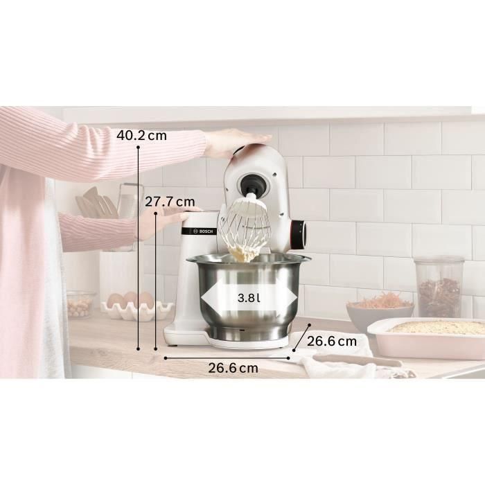 Bosch MUMS2EW00E Robot pâtissier Multiusage - Série 2 - 700 W - Bol inox 3,8 L - 4 vitesses - Avec fouets et crochet pétrisseur - Blanc