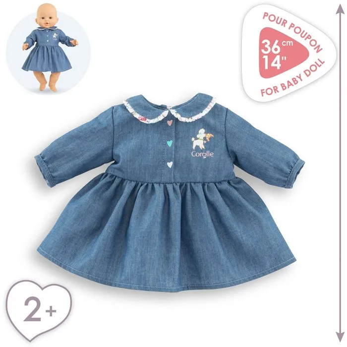 Corolle Robe poupée 36 cm imitation denim bleue avec col claudine et sérigraphie petit chien pour poupon, idéale dès 2 ans Corolle Robe poupée 36 cm imitation denim bleue avec col claudine et sérigraphie petit chien pour poupon, idéale dès 2 ans