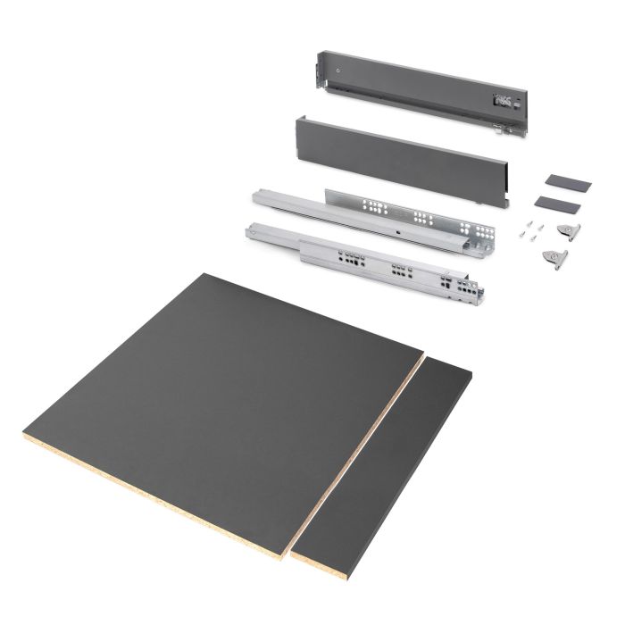 Emuca Kit de tiroirs pour cuisine ou salle de bains Vertex avec réglages 3D, hauteur 93mm, avec panneaux inclus, module 600mm, Gris antracite 0 Emuca Kit de tiroirs pour cuisine ou salle de bains Vertex avec réglages 3D, hauteur 93mm, avec panneaux inclus, module 600mm, Gris antracite 0
