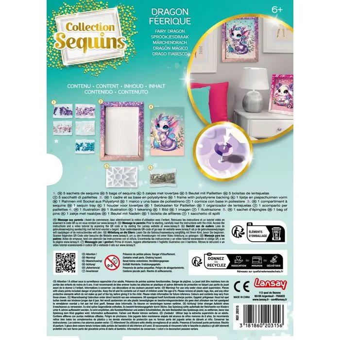 Lansay - Kit Loisir Créatif Collection Sequins Féerique Dragon - Cadre à Décorer avec Sequins et Épingles - À Partir de 6 Ans