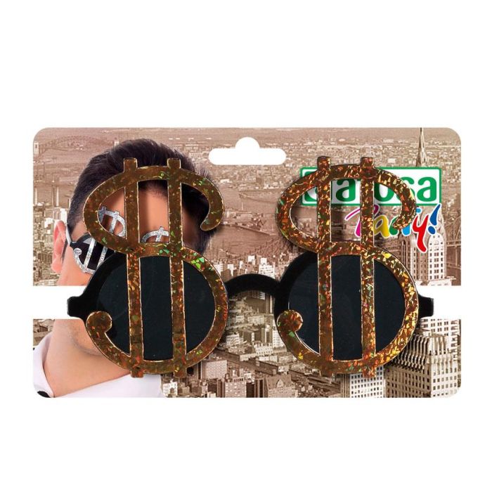 Dollar Ricachon Lunettes de soleil décoratives en forme de symbole dollar doré - Accessoire de fête thème années 80 et déguisement