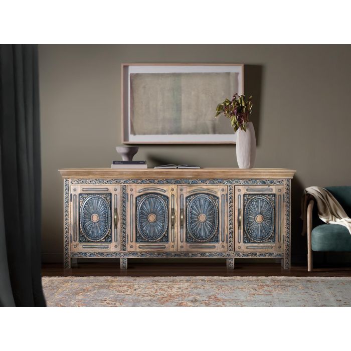 GINER Y COLOMER Aparador Buffet en Bois de Teca Massif Sculpté à la Main, Finition Bicolore Naturel et Bleu Patiné, 95x40 cm 6 GINER Y COLOMER Aparador Buffet en Bois de Teca Massif Sculpté à la Main, Finition Bicolore Naturel et Bleu Patiné, 95x40 cm 6