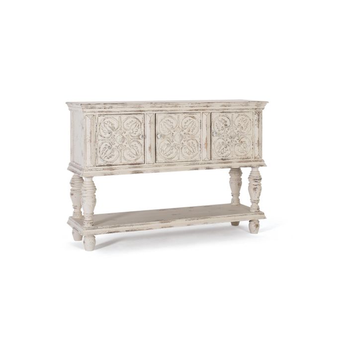 GINER Y COLOMER Console en Bois de Mango Blanc Décaper 3 Portes Sculptées Main avec Étagère Inférieure et Pieds Tournés - 148x44x103 cm 2 GINER Y COLOMER Console en Bois de Mango Blanc Décaper 3 Portes Sculptées Main avec Étagère Inférieure et Pieds Tournés - 148x44x103 cm 2