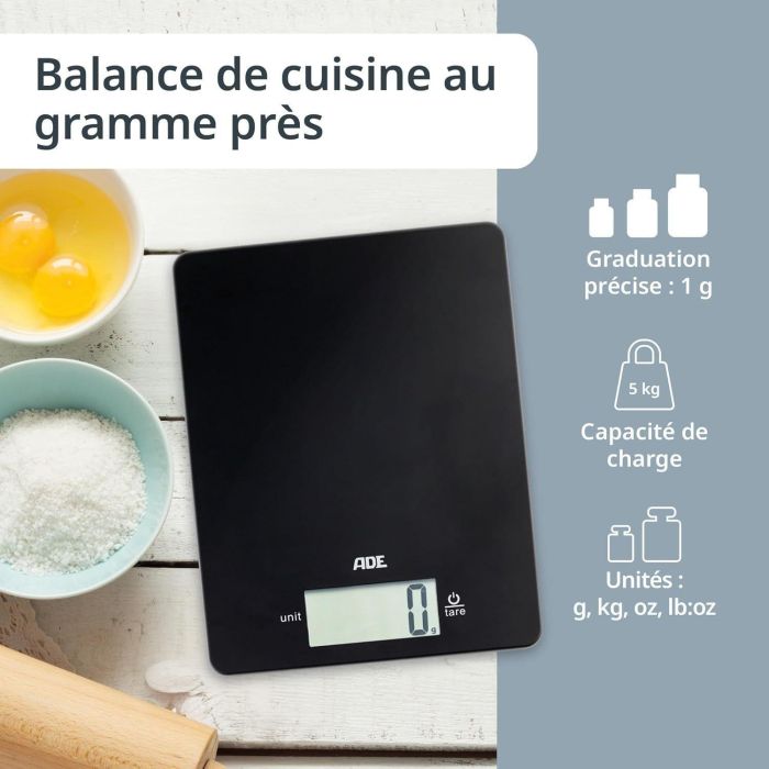 Balance de cuisine digitale - ADE - LEONIE - Plastique ABS - 22 x 17 cm - Inclus 1 pile Cr 2032 - Noir 5