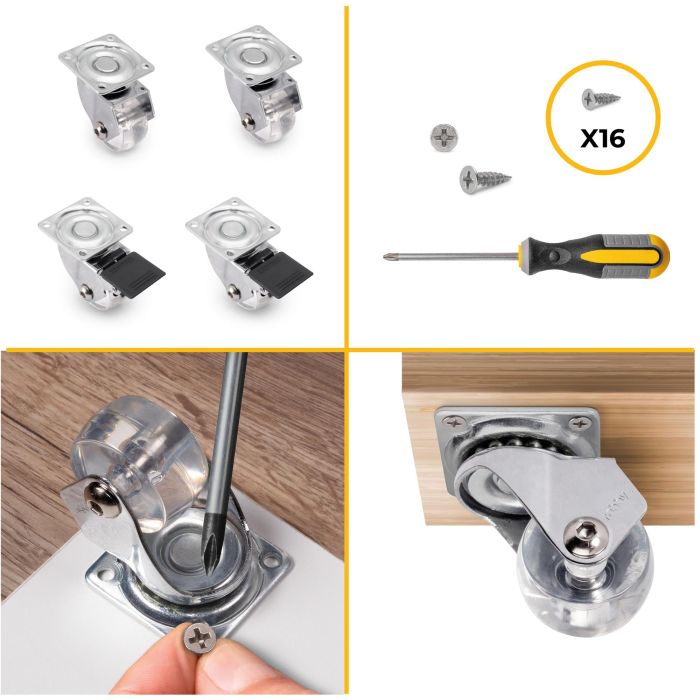 Emuca Lot de 4 roulettes transparentes Slip 3 avec plétine de montage, diamètre 35mm, Acier et Plastique 6