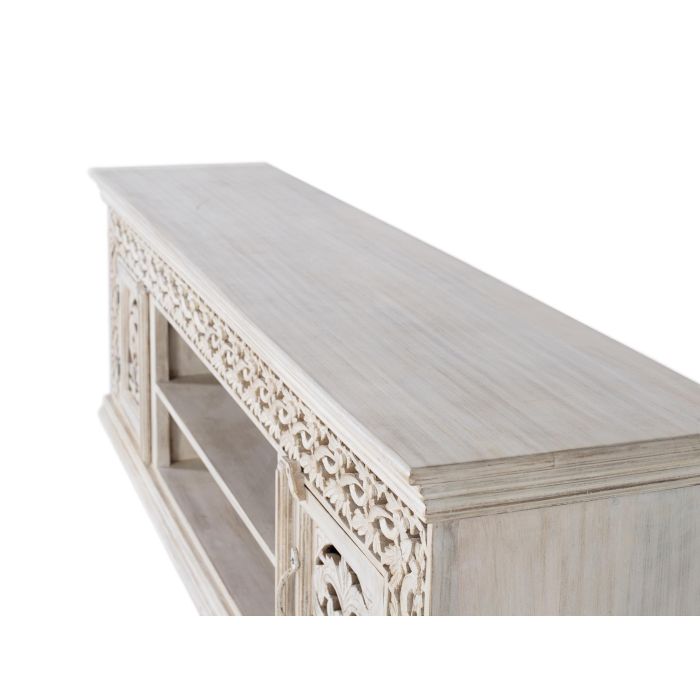 GINER Y COLOMER - Meuble TV en bois de manguier massif couleur blanc vieilli, 2 portes avec détails sculptés main, 180x40x60 cm 5 GINER Y COLOMER - Meuble TV en bois de manguier massif couleur blanc vieilli, 2 portes avec détails sculptés main, 180x40x60 cm 5